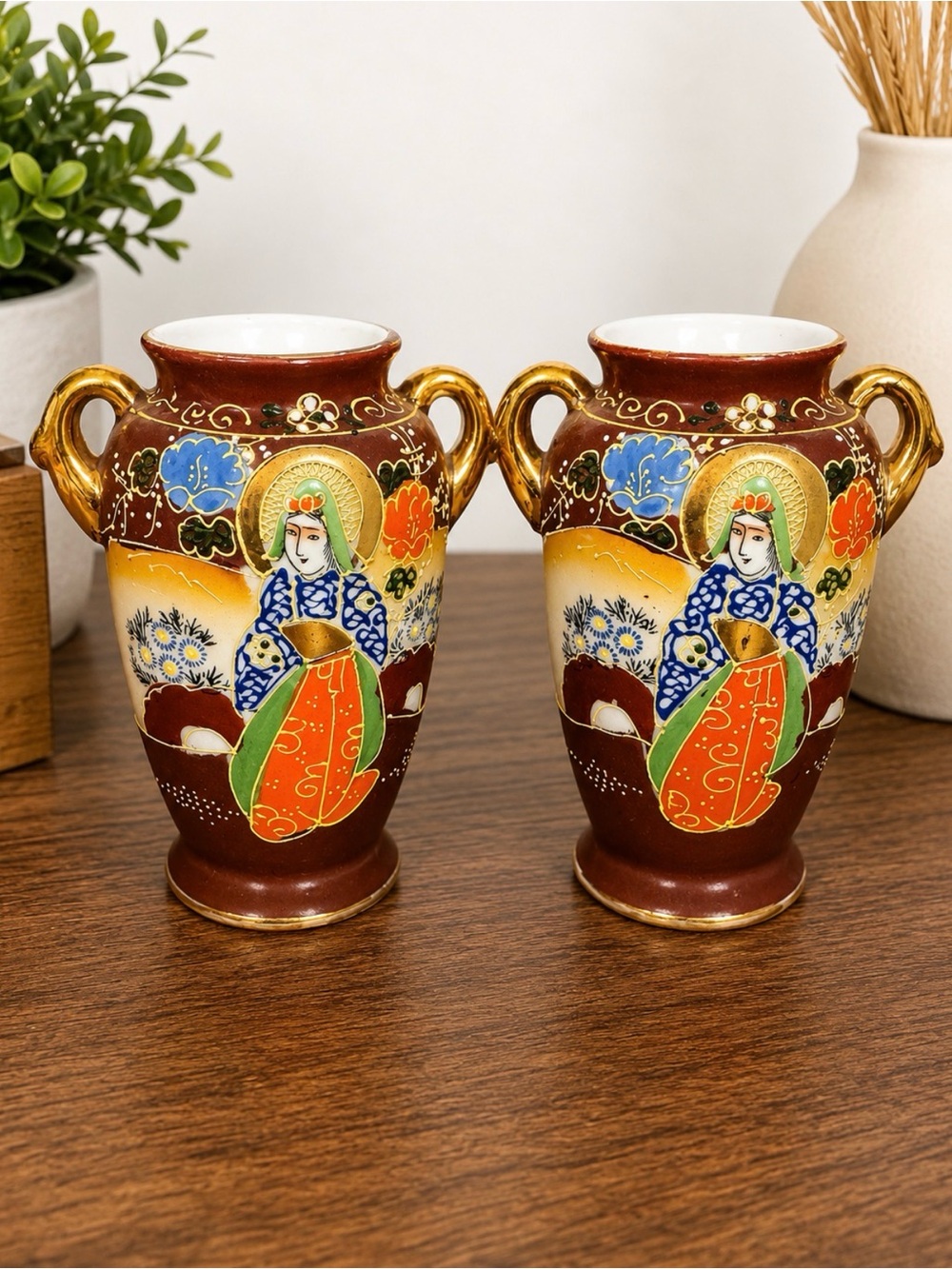 Pair of Vintage Hand-Painted JapaneseSatsuma Moriage Geisha Vases